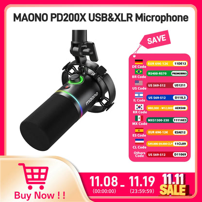 Maono XLR\USB Dynamic Microphone For Gaming Recording Streaming Youtube Metal Mic With Software Tap-to-Mute Gain Knob PD200X