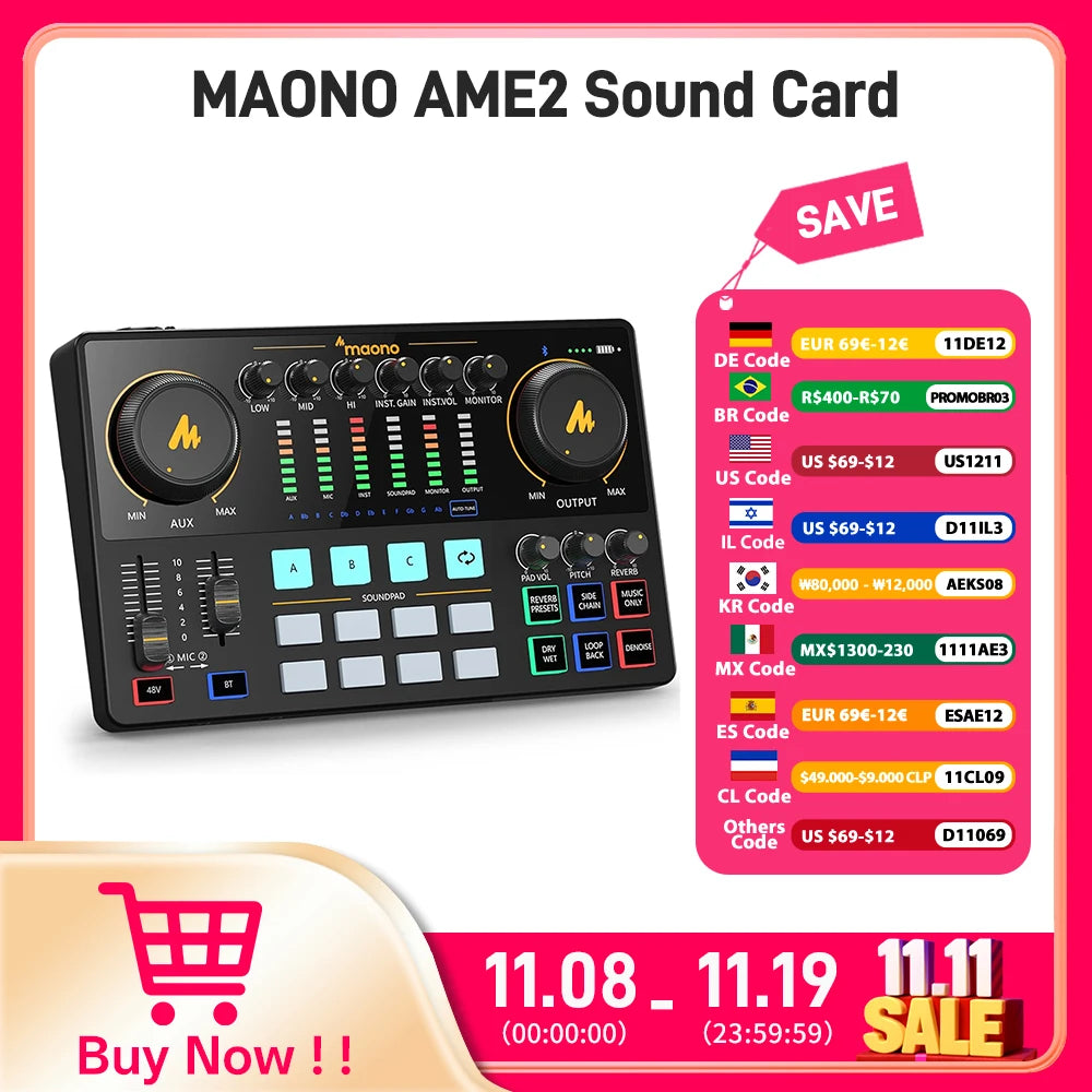 Maono AME2 Audio Interface Sound Card DJ Mixer All in One Portable Podcast Studio for Recording,Live Streaming,Youtube,Guitar,PC