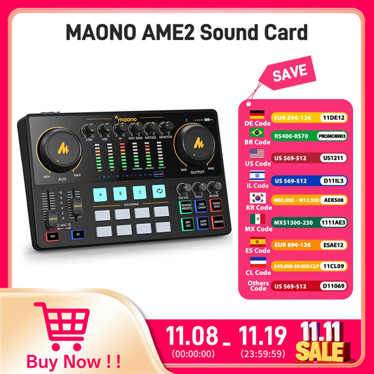 Maono AME2 Audio Interface Sound Card DJ Mixer All in One Portable Podcast Studio for Recording,Live Streaming,Youtube,Guitar,PC